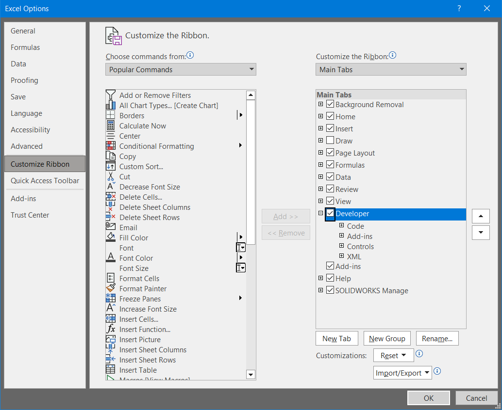 Ribbon options dialog.